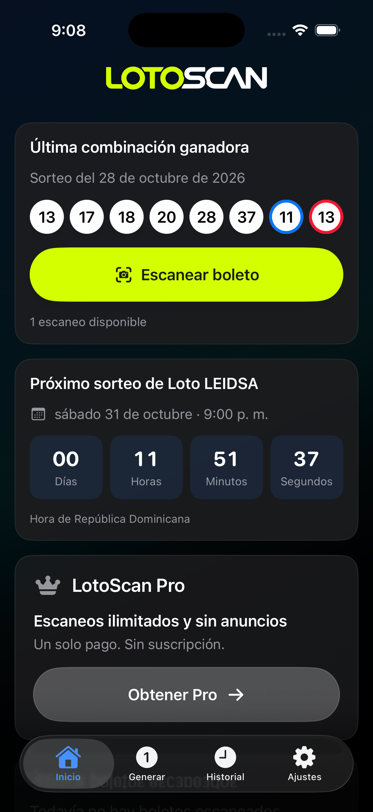 Pantalla real de LotoScan en iPhone: resultados del sorteo, botón Escanear boleto y próximos sorteos.